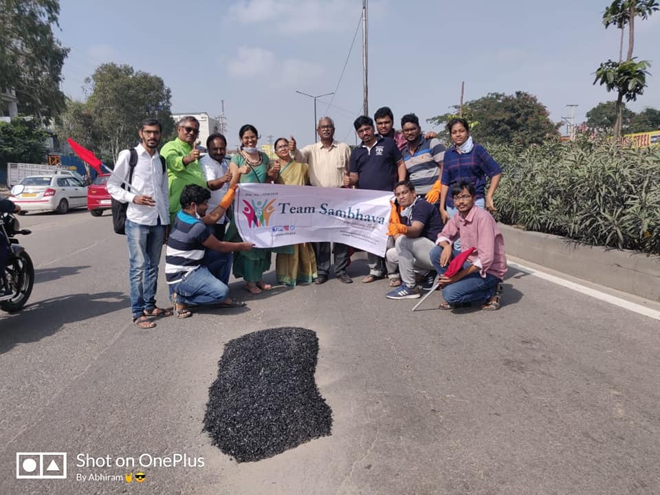Team Sambhava filled Potholes with joining hands with Sramdhan NGO Gangadhar Tilaka Katnam Garu.